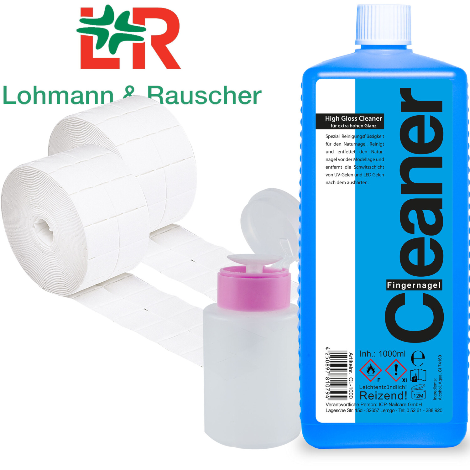 Cleaner Set 1000ml + Dispenser Pumpflasche + 1000 Zelletten Pads (2 Rollen je 500 Stück)